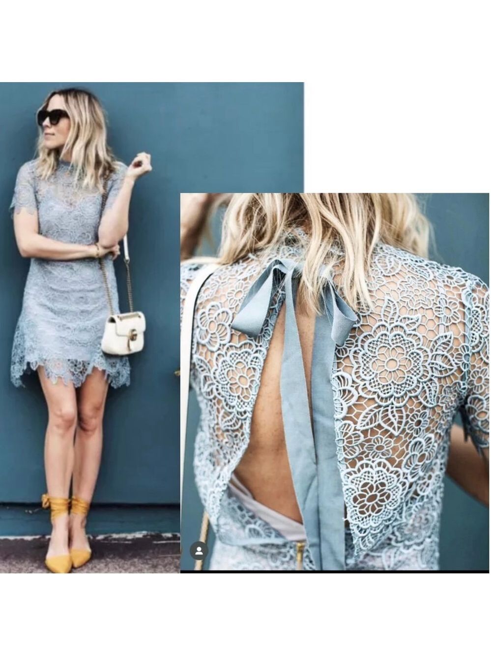 SELF PORTRAIT PEEP BACK FLORAL LACE MINI DRESS LIGHT BLUE 4 - Picture 6 of 15